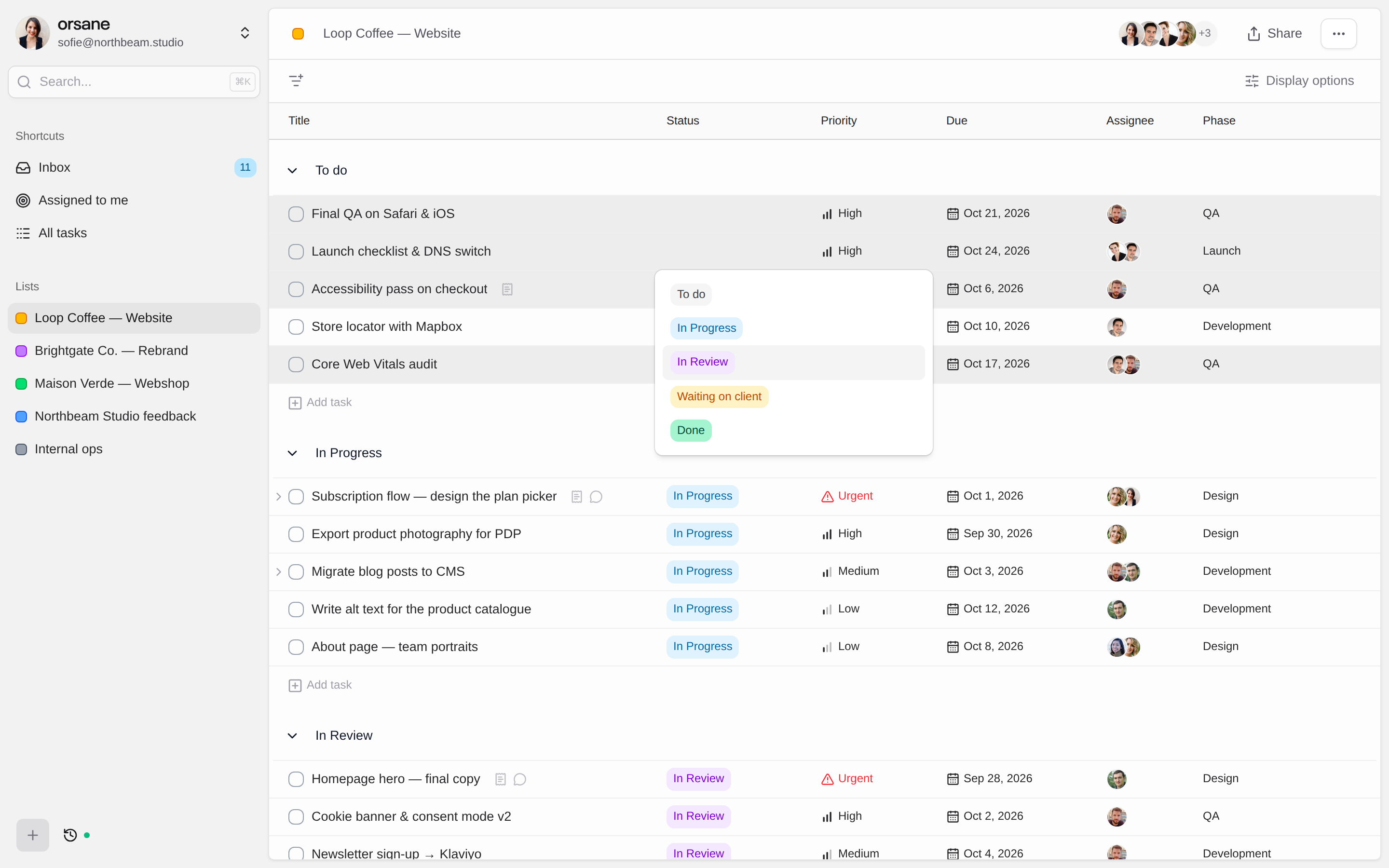 Several selected tasks in Orsane being edited at once