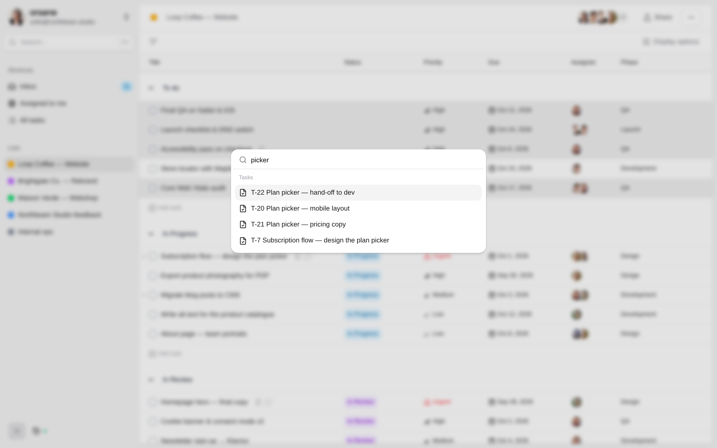 The Orsane command menu searching for tasks