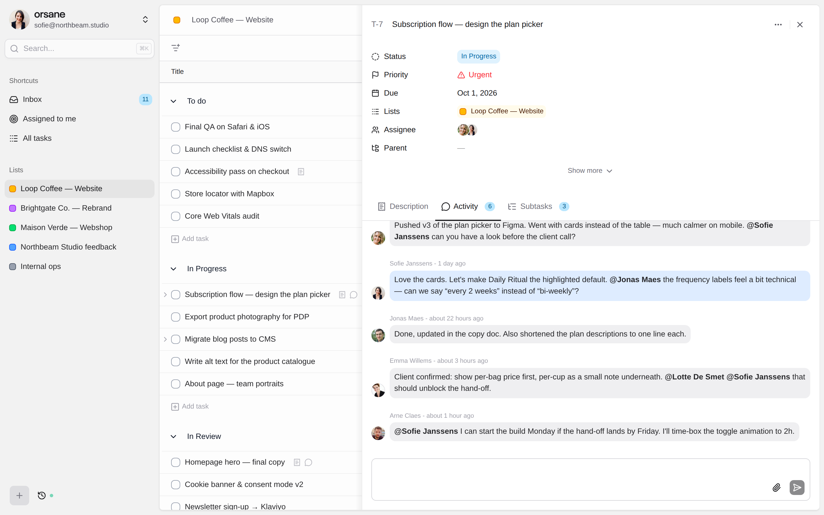 Comments and mentions in the activity thread of an Orsane task