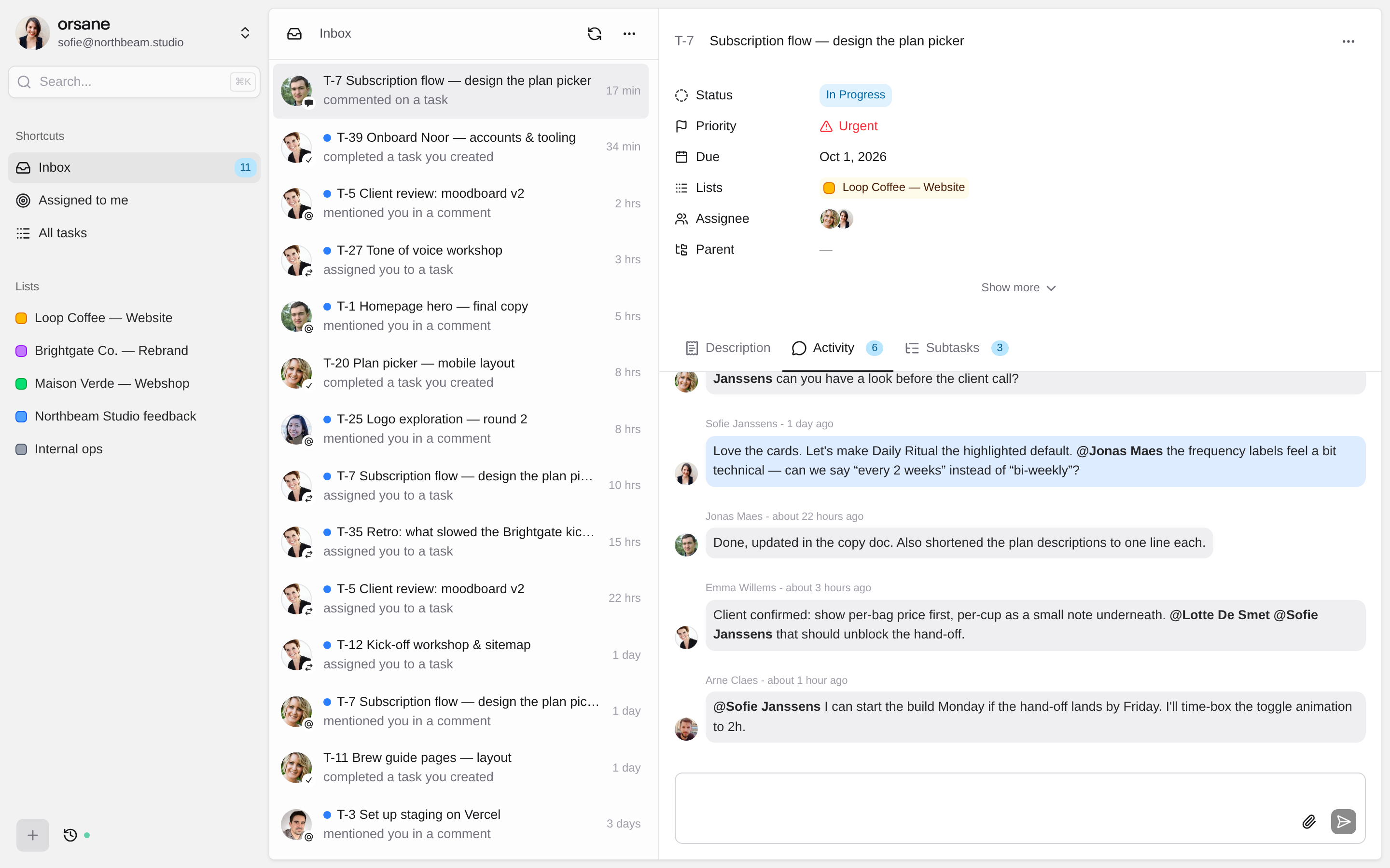 The Orsane inbox with assignments and mentions
