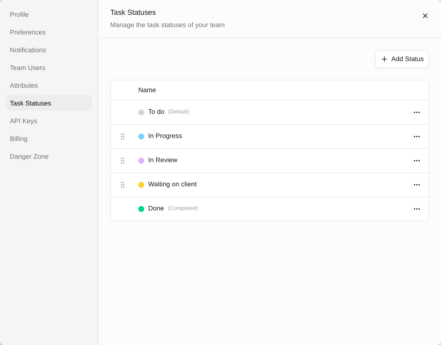 Task status settings in Orsane