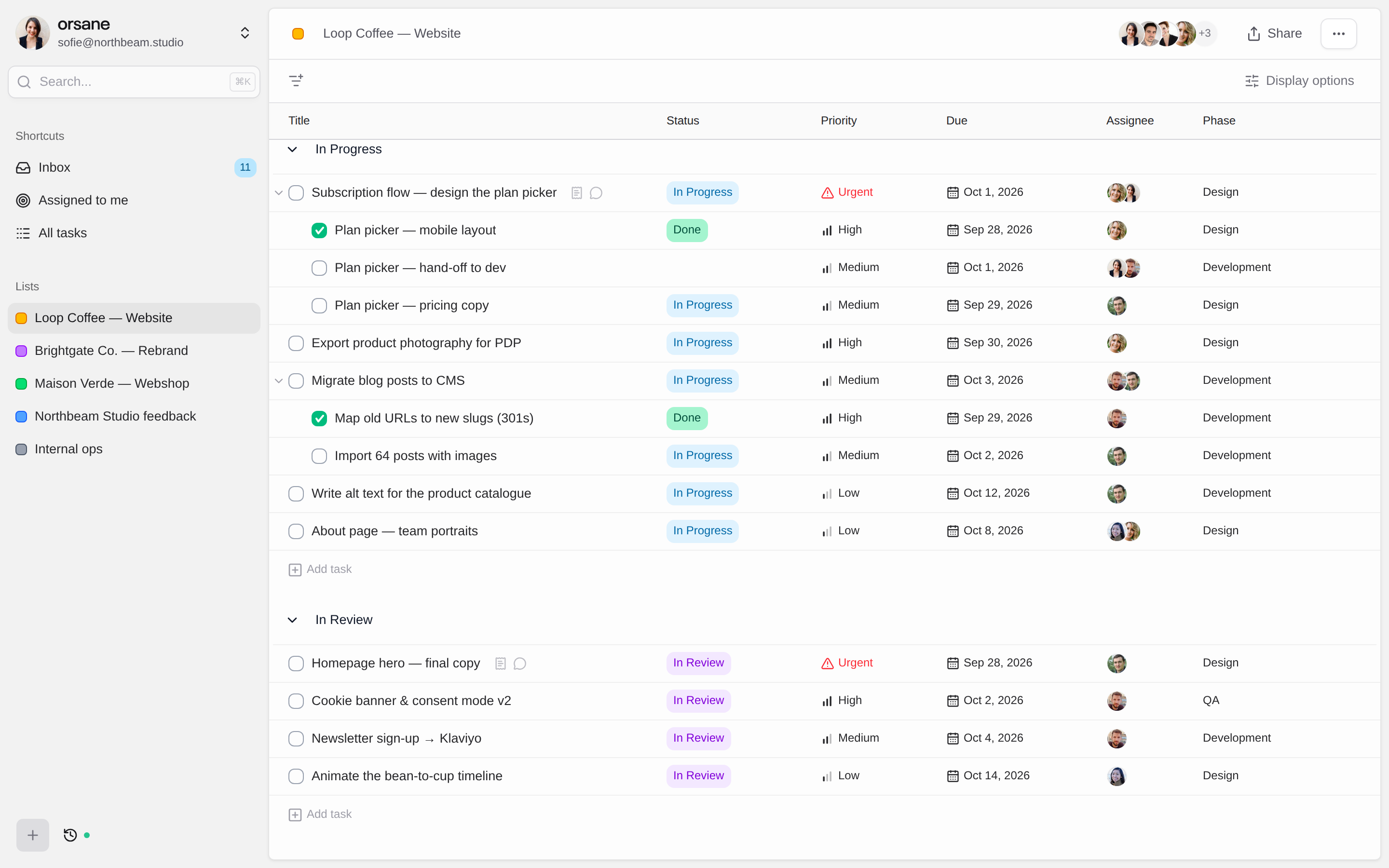 The Orsane task grid with tasks, subtasks, statuses, priorities and due dates