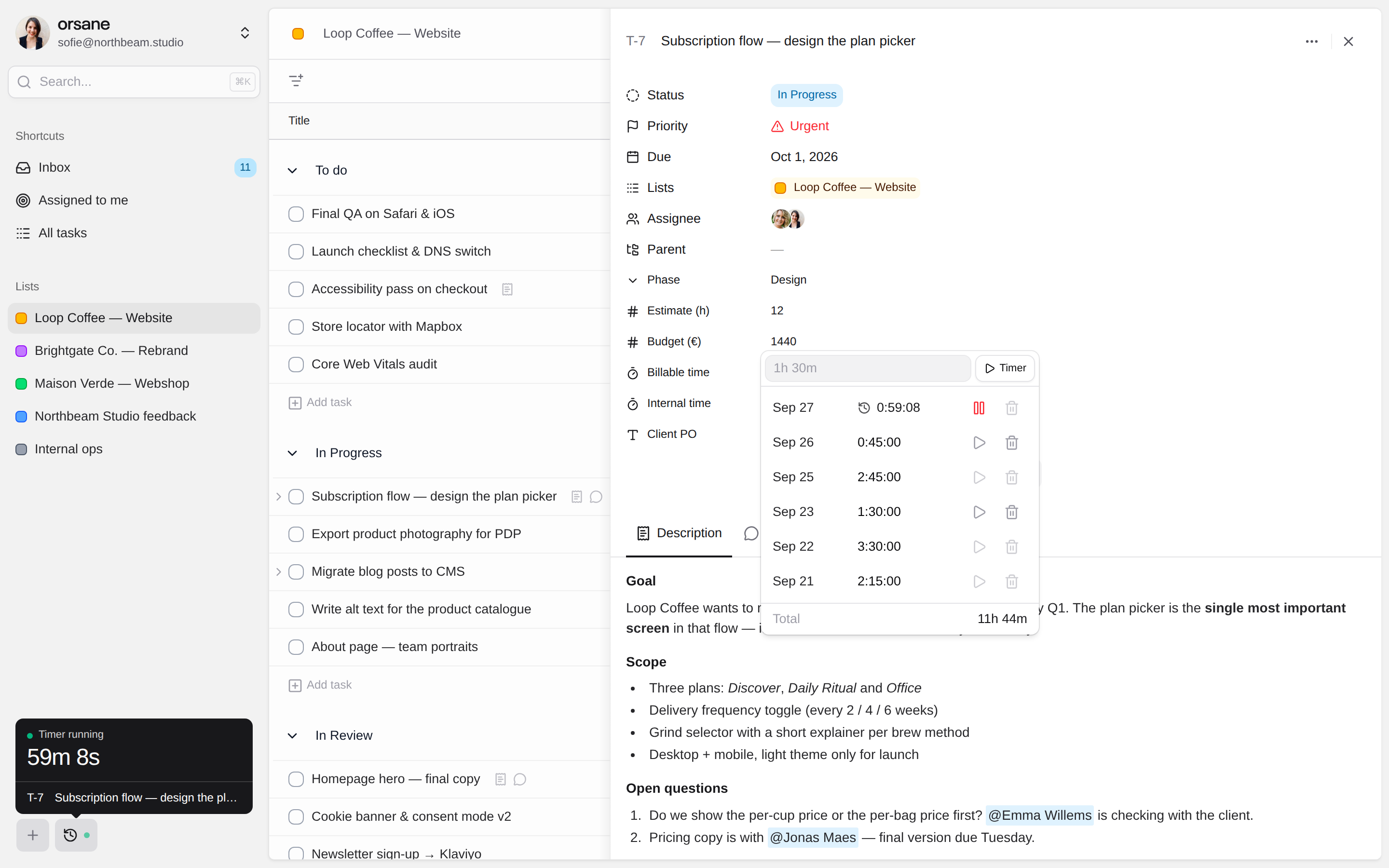 A running timer and logged time entries on an Orsane task