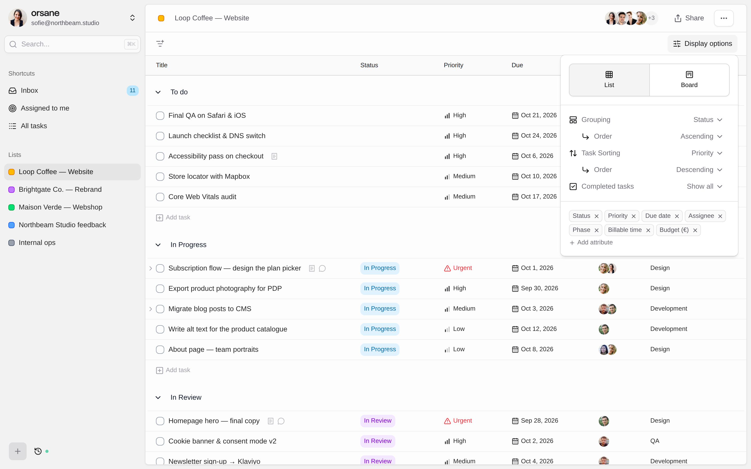 Filter and group options for an Orsane list