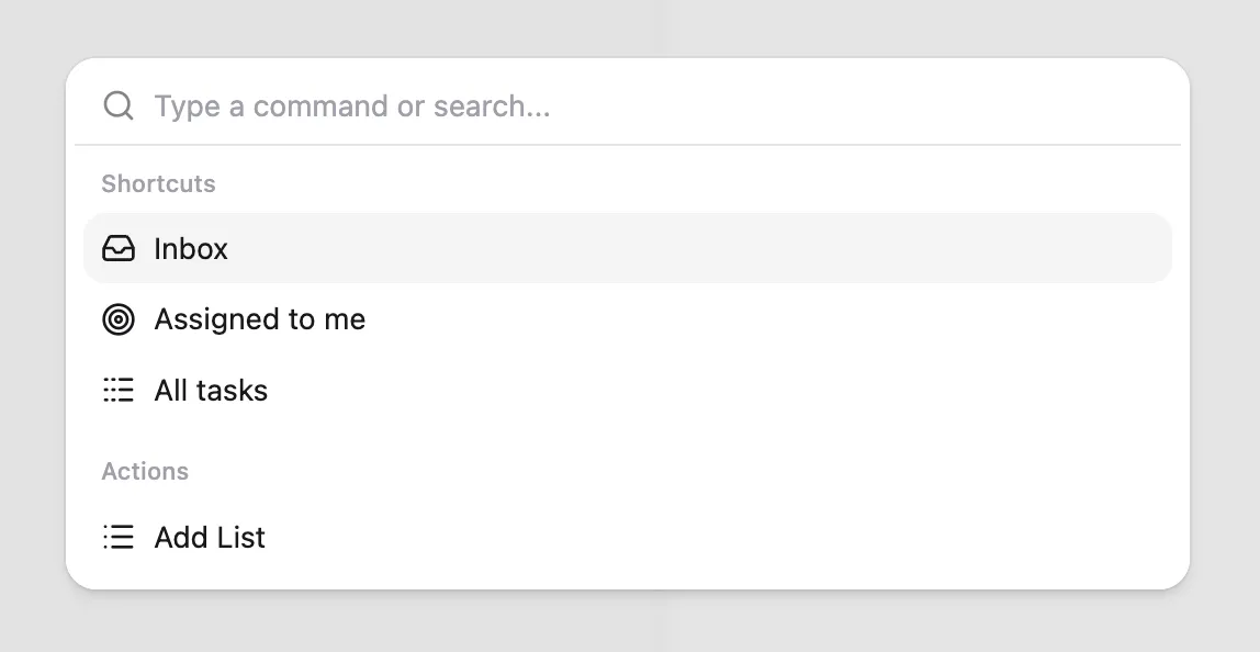 Command menu open with task search results