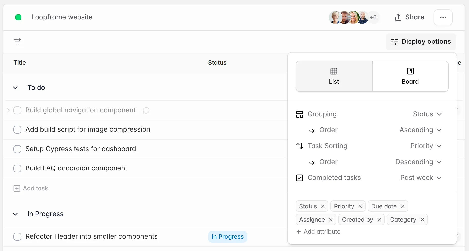 The Display options popover over a list grouped by Status, sorted by Priority (descending), showing completed tasks from the past week, with a Category column added
