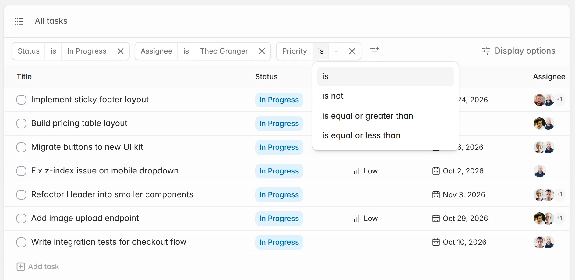All tasks filtered by "Status is In Progress" and "Assignee is Theo Granger", with a third Priority filter being added and its operator menu open