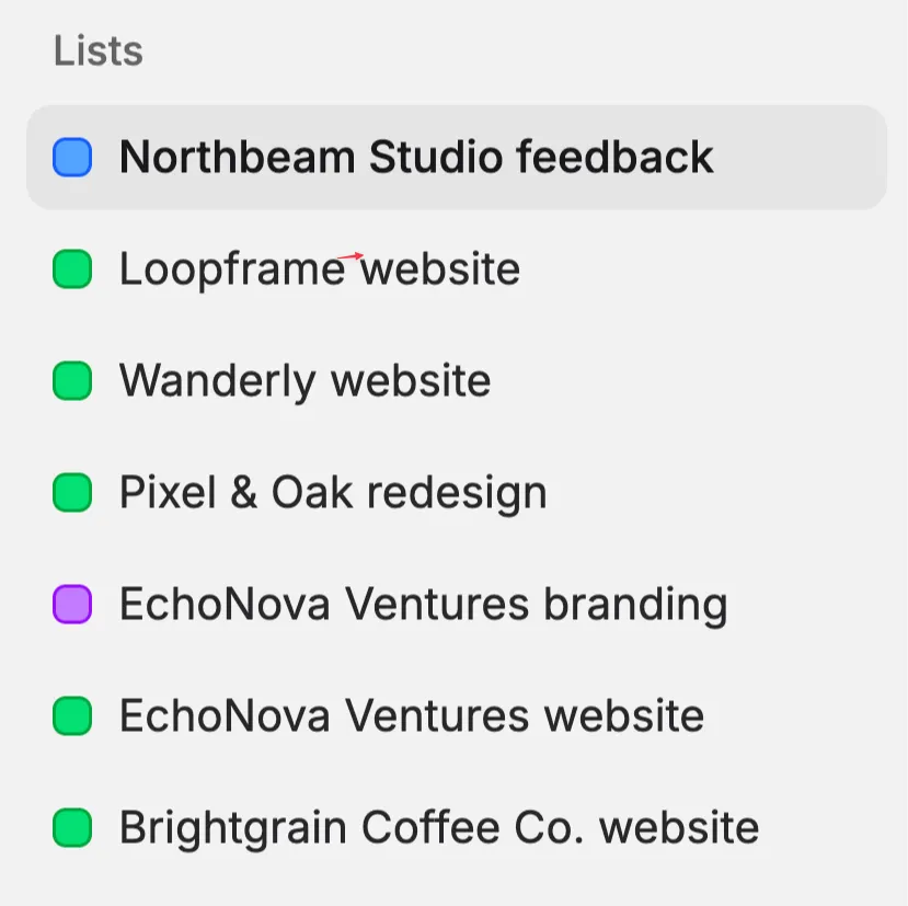 Sidebar Lists section with a few coloured lists
