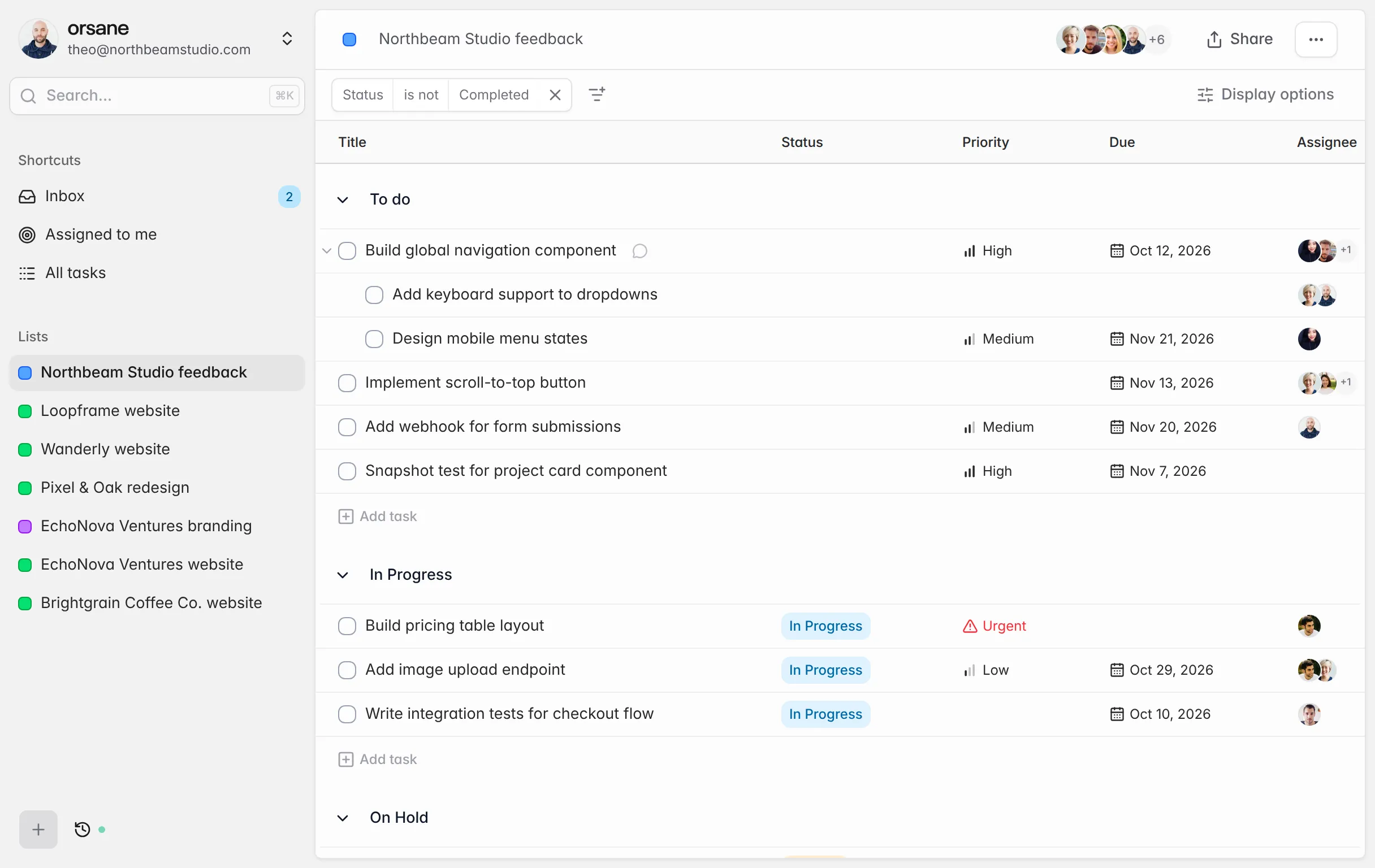 Overview of the Orsane app with the sidebar and a task list visible