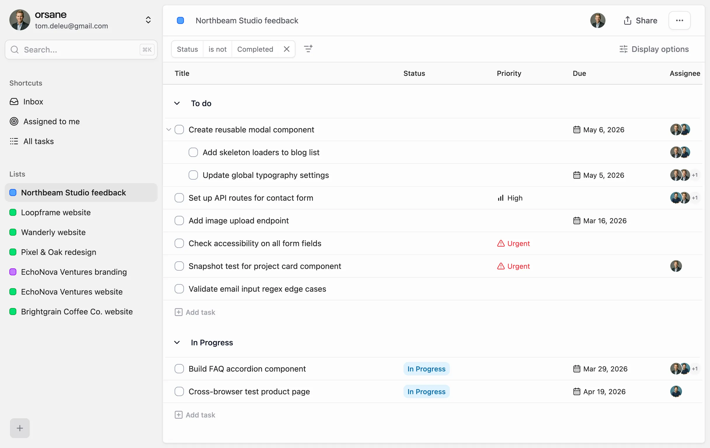 Overview of the Orsane app with the sidebar and a task list visible