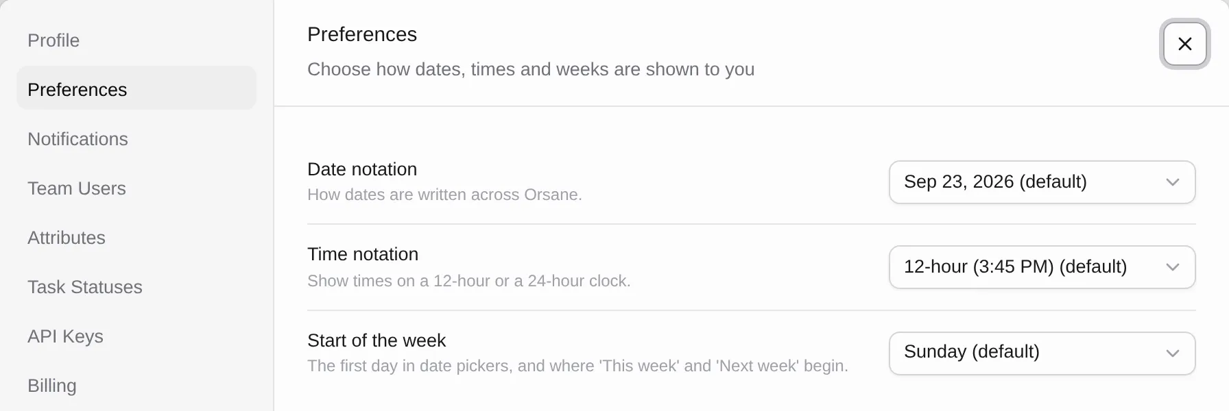 Settings → Preferences with the date notation, time notation and start of the week dropdowns