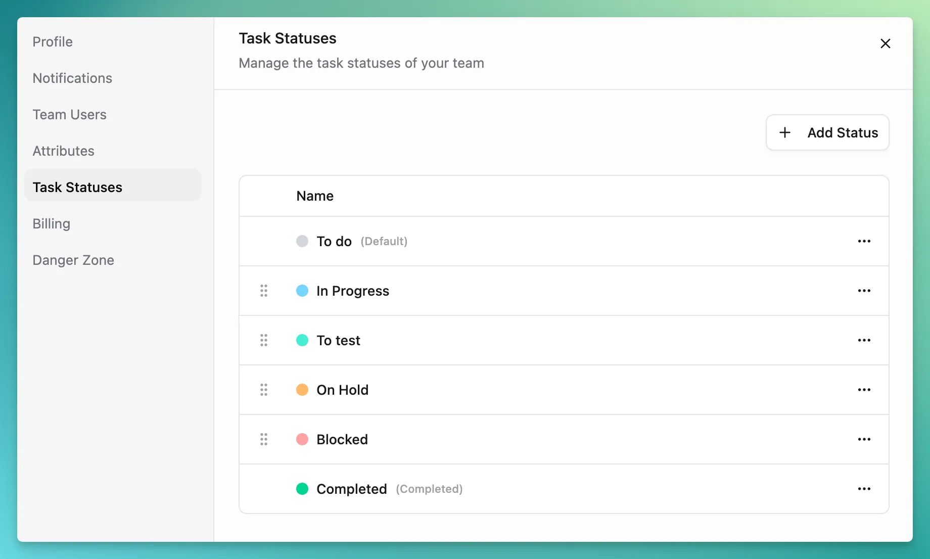 Settings → Task statuses panel