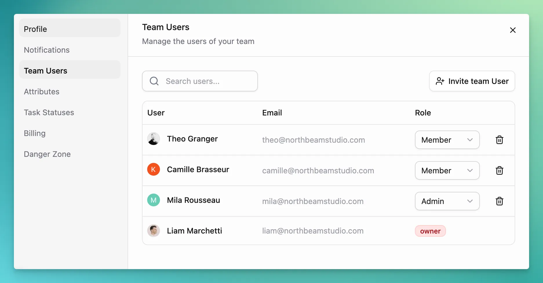 Settings → Team Users panel