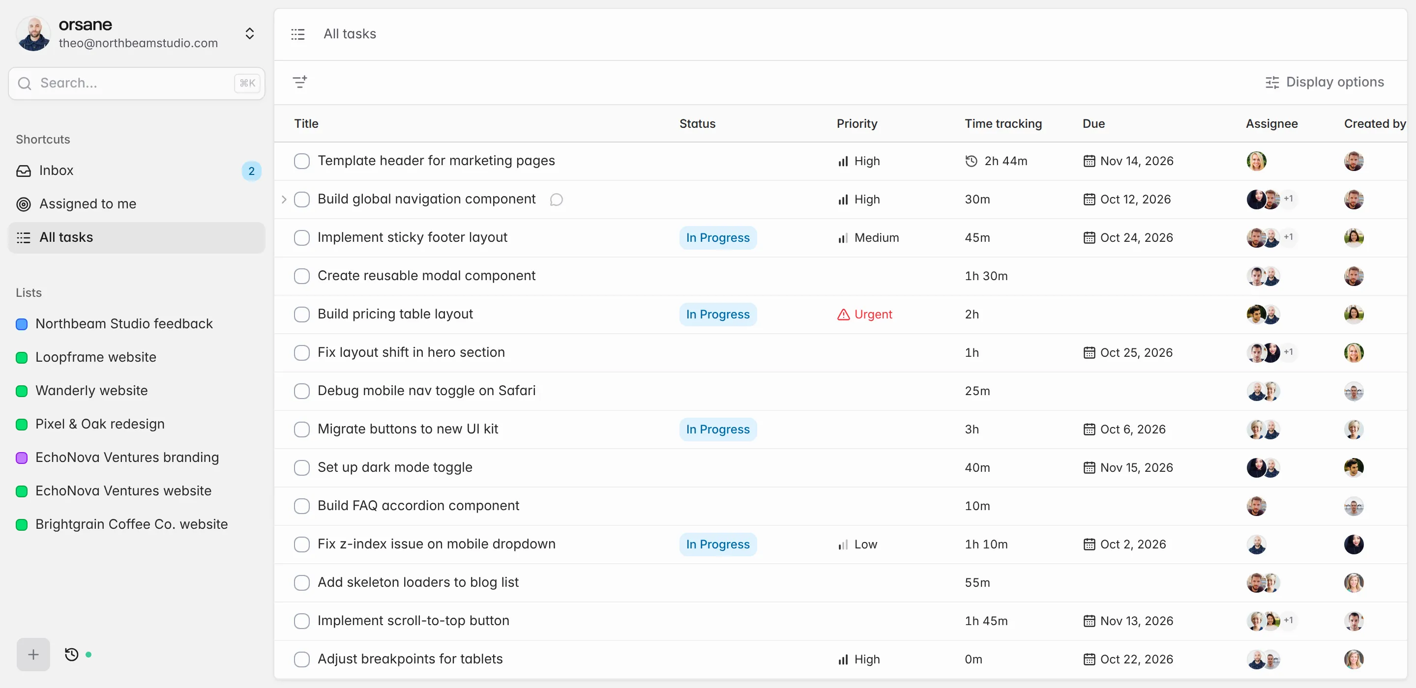 A task list with a Time tracking column showing per-task totals, the top row recording