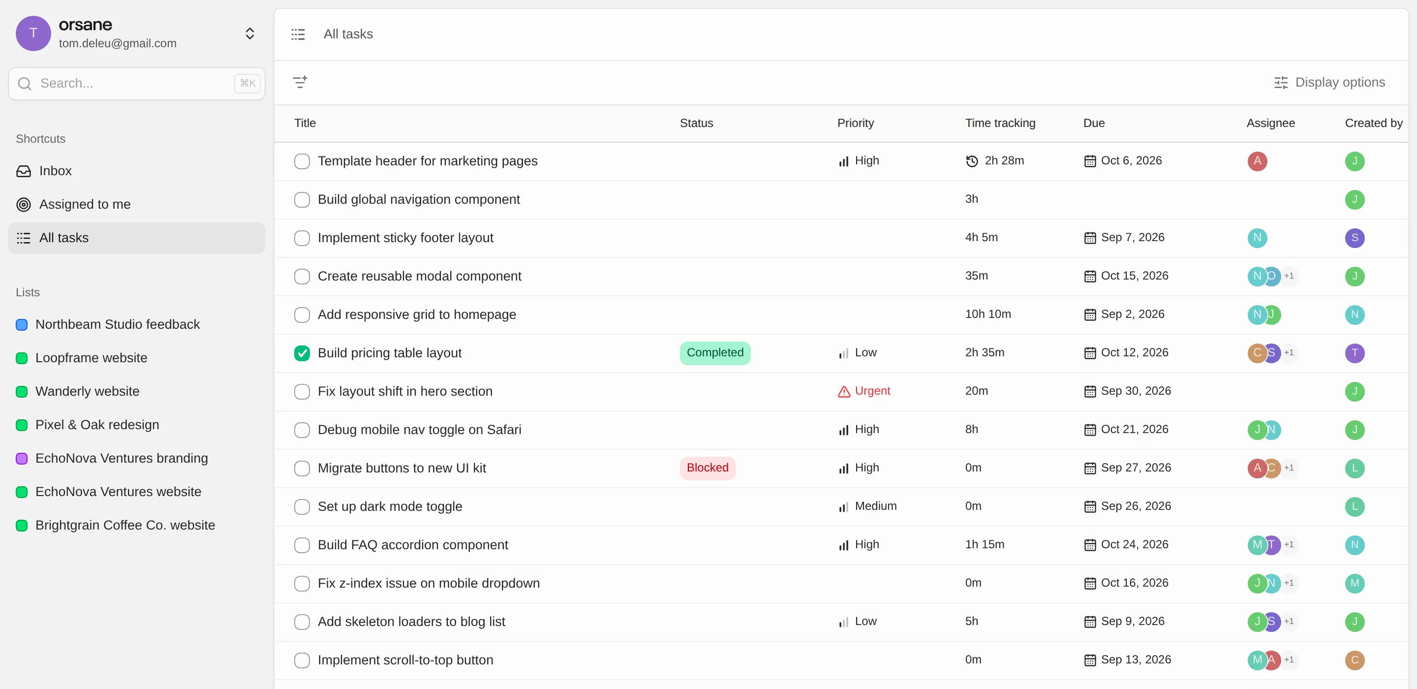 A task list with a Time tracking column showing per-task totals, the top row recording