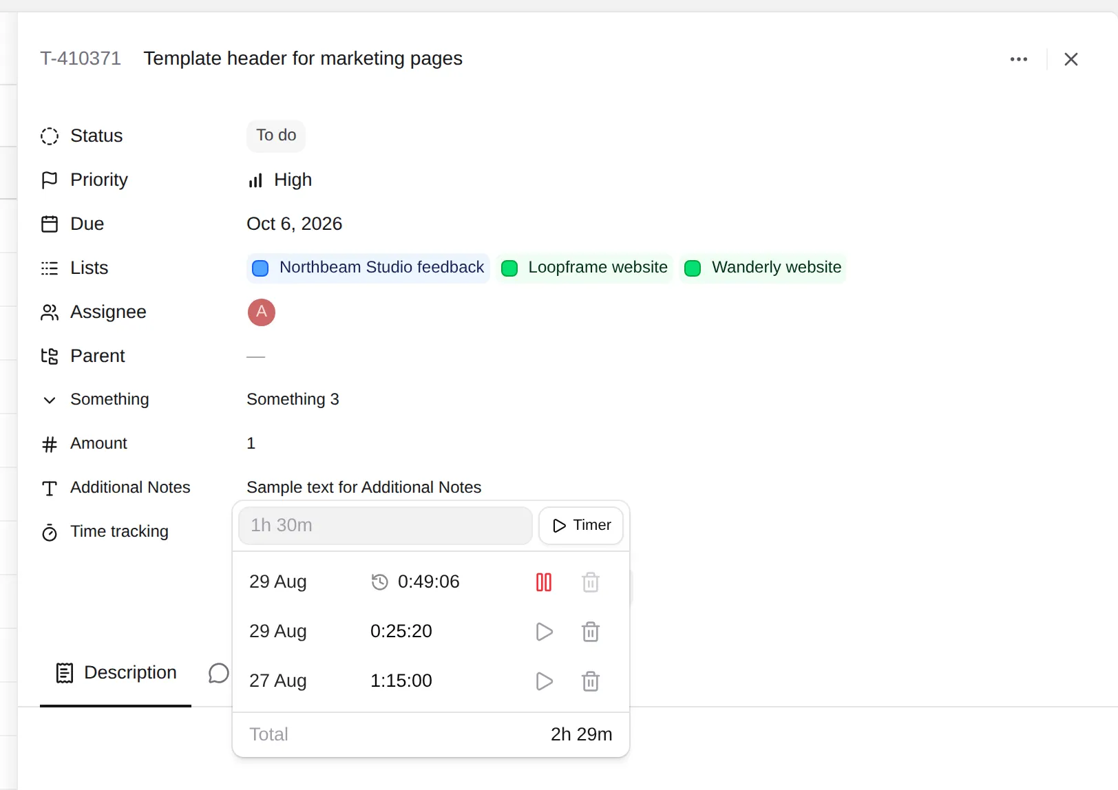 The task detail panel with the timer panel open: a duration box beside the start button, over the list of entries and their total