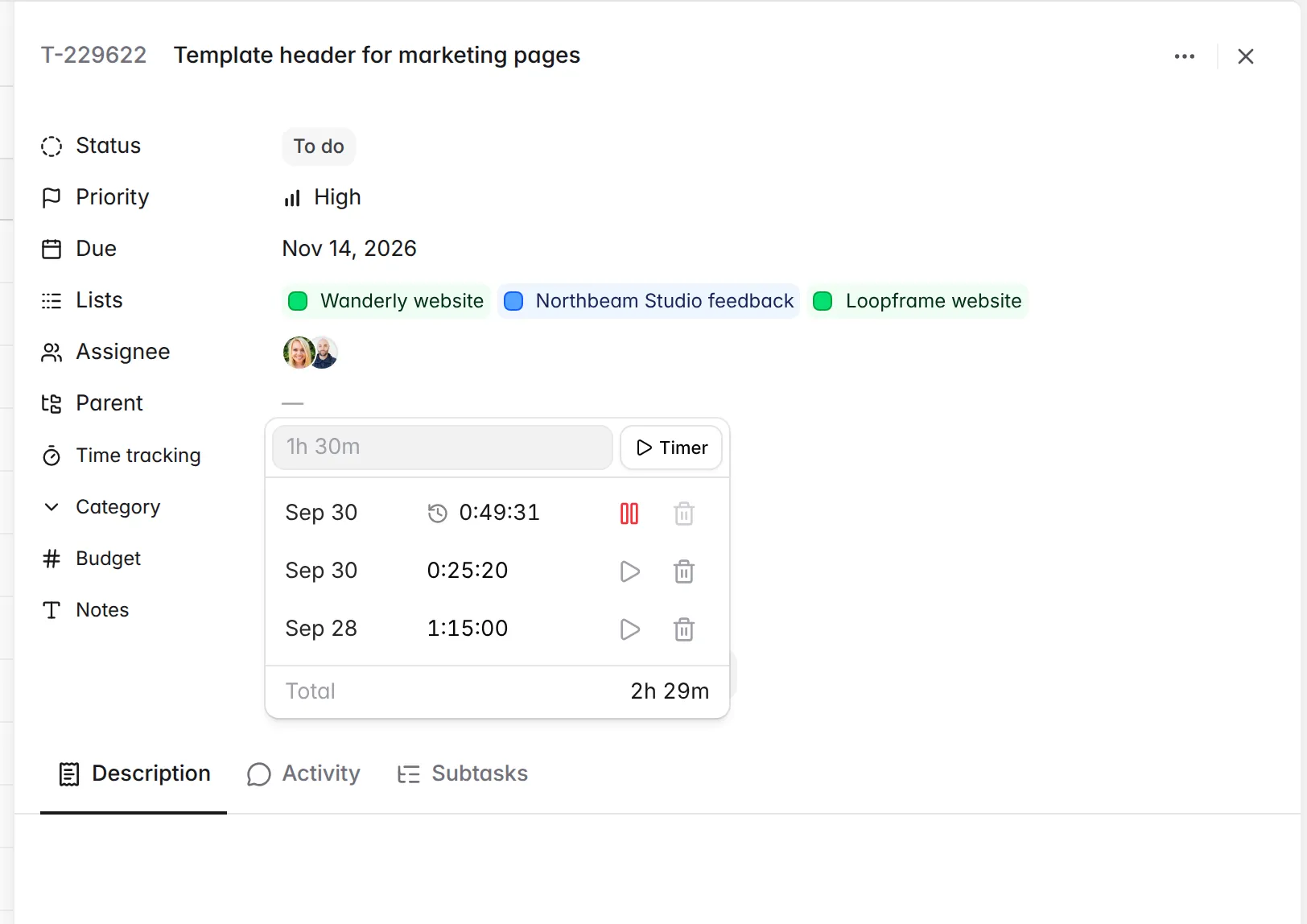 The task detail panel with the timer panel open: a duration box beside the start button, over the list of entries and their total